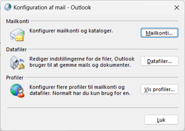 Liste over mailkonti i Outlook