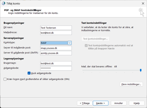 Opsætning af indgående og udgående server i Outlook