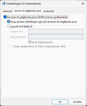 Opsætning af server til udgående post i Outlook