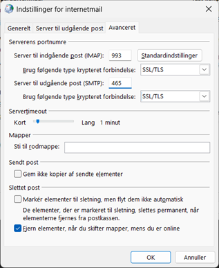 Opsætning af kryptering og porte i Outlook